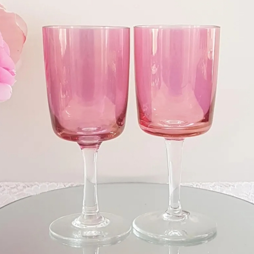 2oc 8oz Wine Goblets in Pink Bohemian Glass